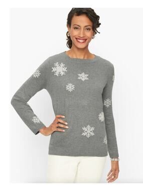 Talbots Tinsel Snowflake Crewneck Sweater Gray Pullover Size Petite P
